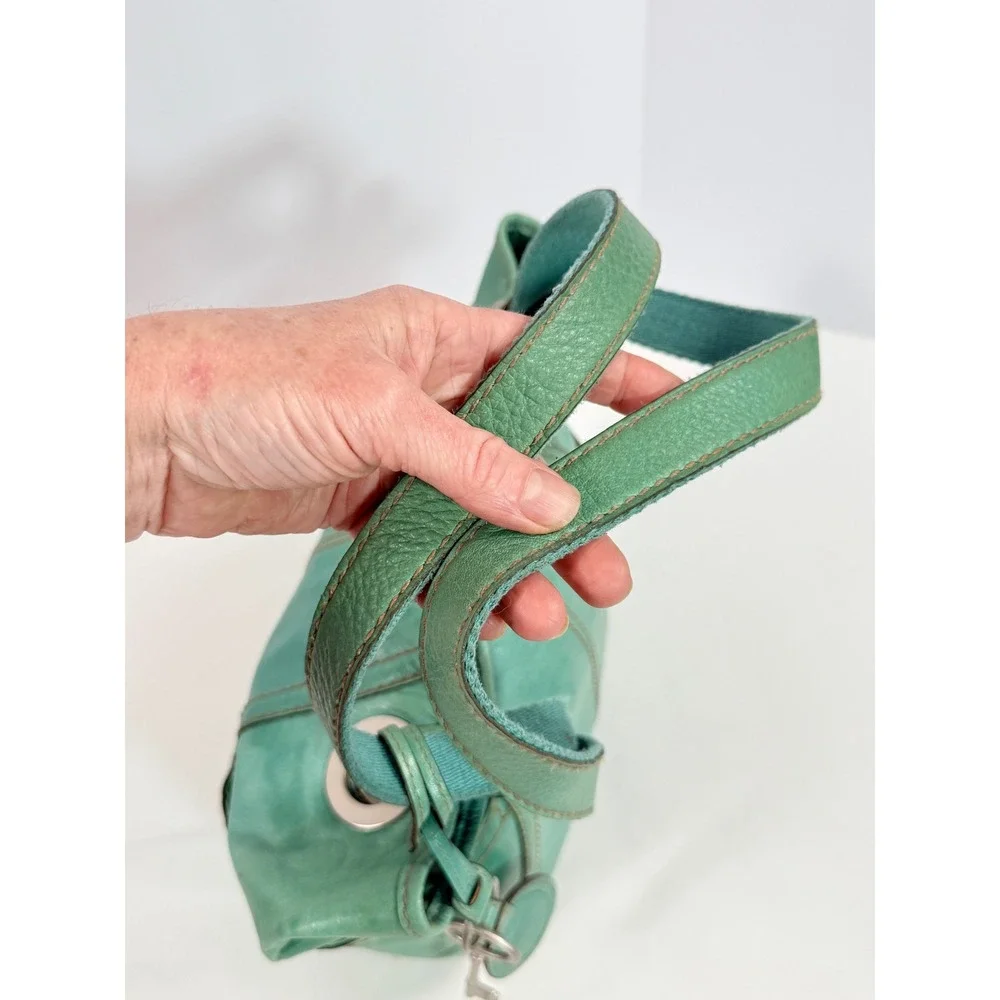 Fossil Teal Hathaway Leather Shoulder Bag Tote Key Charm ZB9385